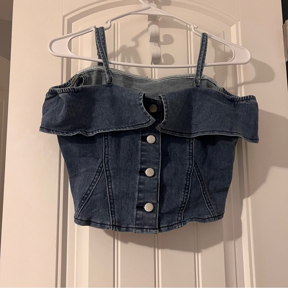 🍒Elegant Off-Shoulder Blue Denim Overalls + Small green Top both S - Picture 2 of 4